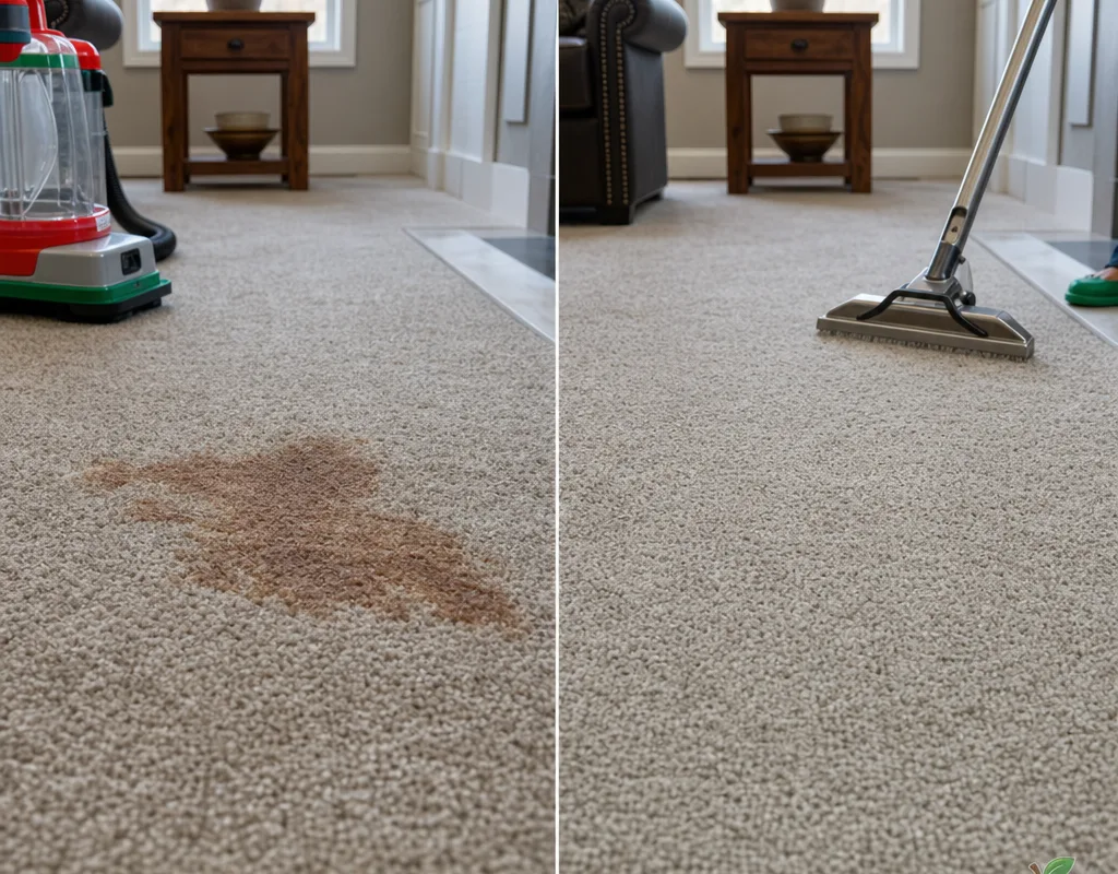 Living room carpet spill before treatment and after cleaning