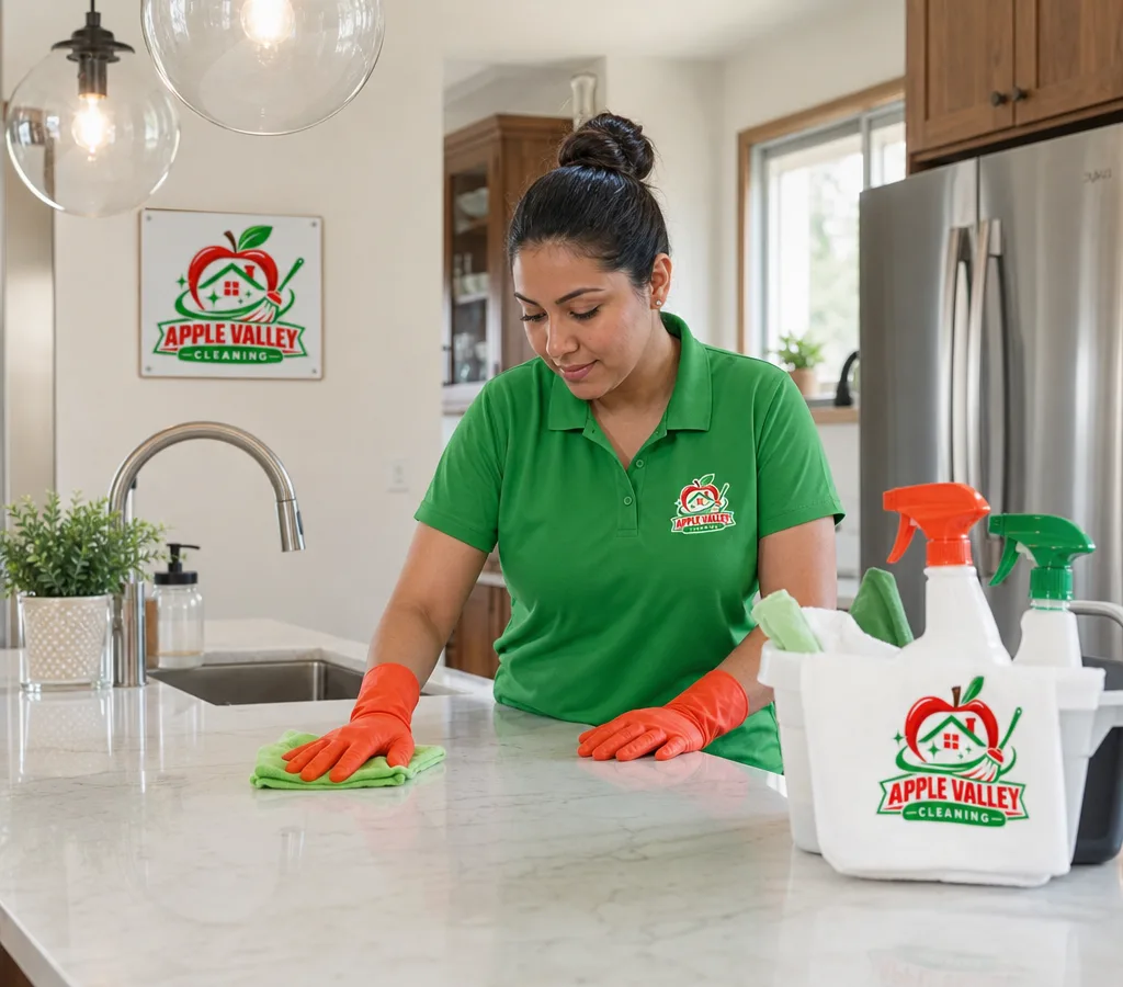 Cleaning professional wiping a kitchen counter in an Apple Valley home