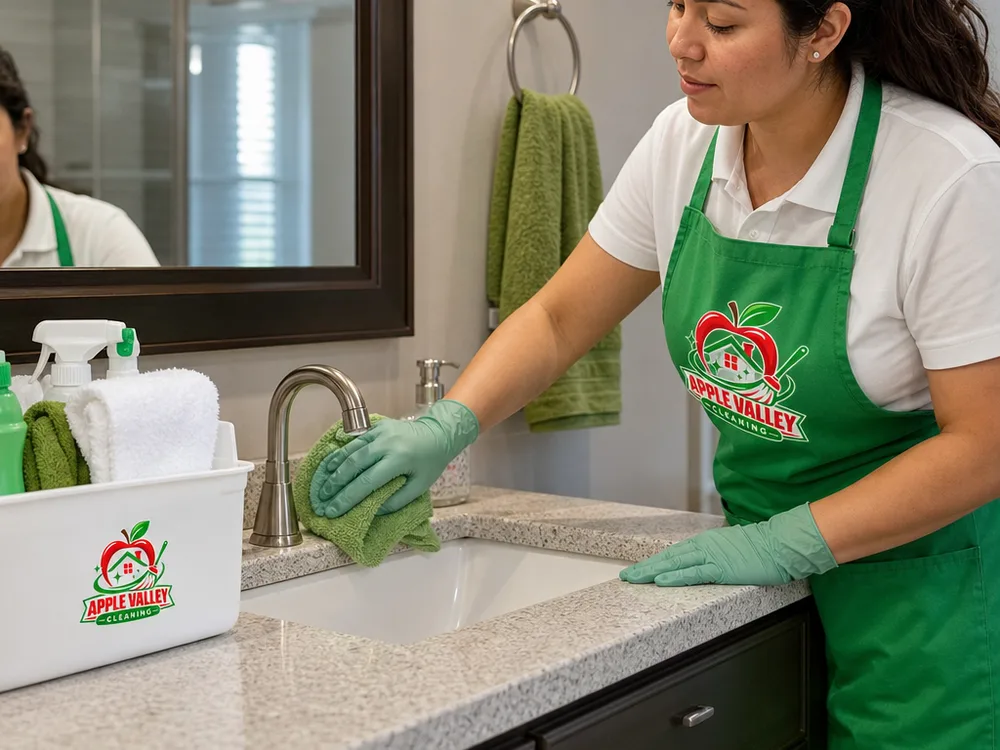 Cleaner wiping a bathroom vanity and faucet with a microfiber cloth beside a neatly staged cleaning caddy