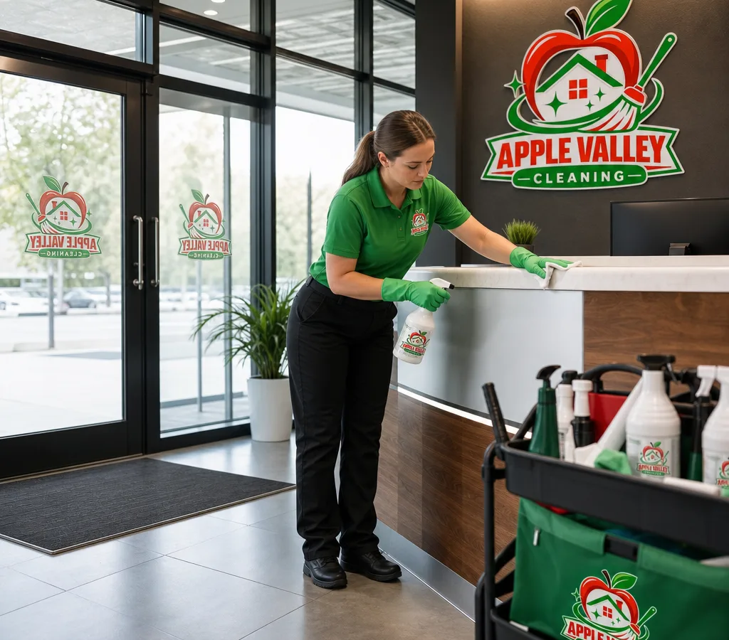 Commercial cleaner disinfecting high-touch points in a modern Apple Valley office lobby