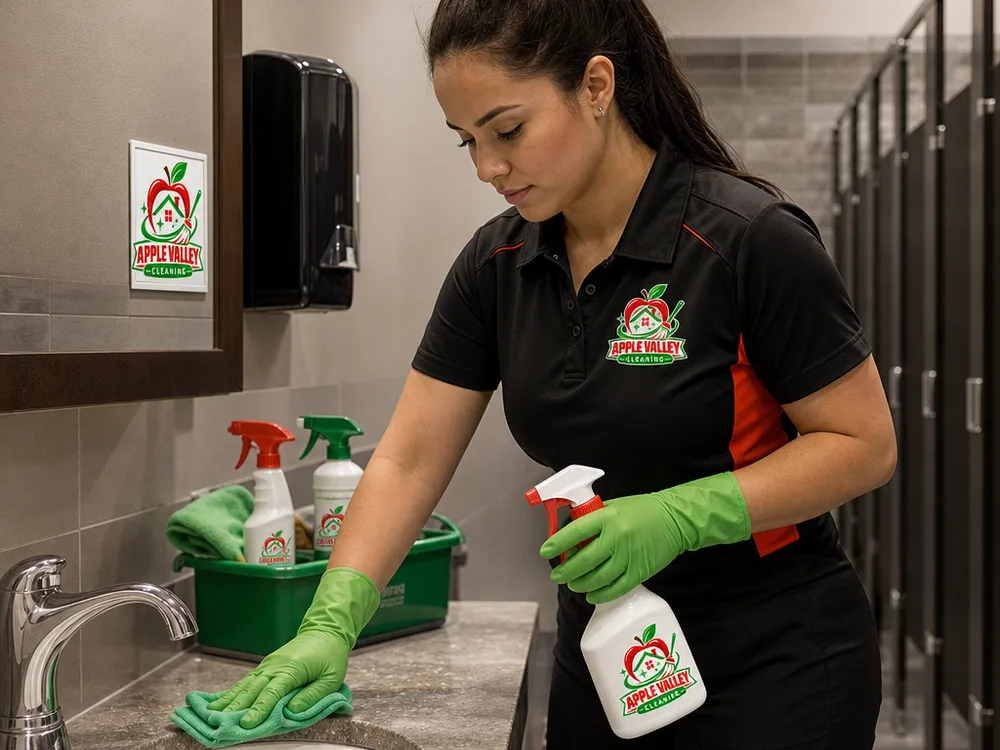 Cleaner detailing a sink and counter in a commercial restroom using labeled supplies and microfiber cloths