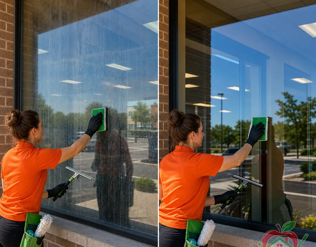 Side-by-side storefront window comparison showing haze and streaking before cleaning and clear glass with sharp reflections afterward