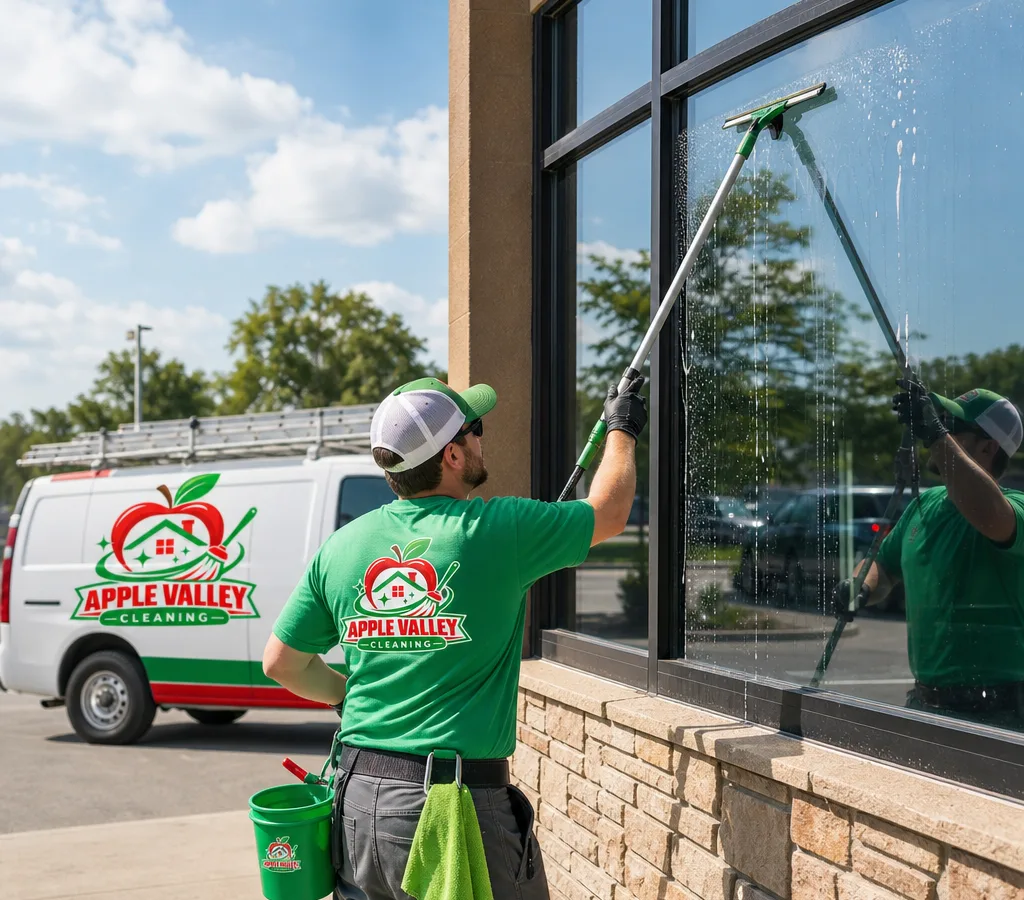 Technician cleaning large storefront windows in Apple Valley with a squeegee and extension pole, with clear reflections and careful attention to edges and corners